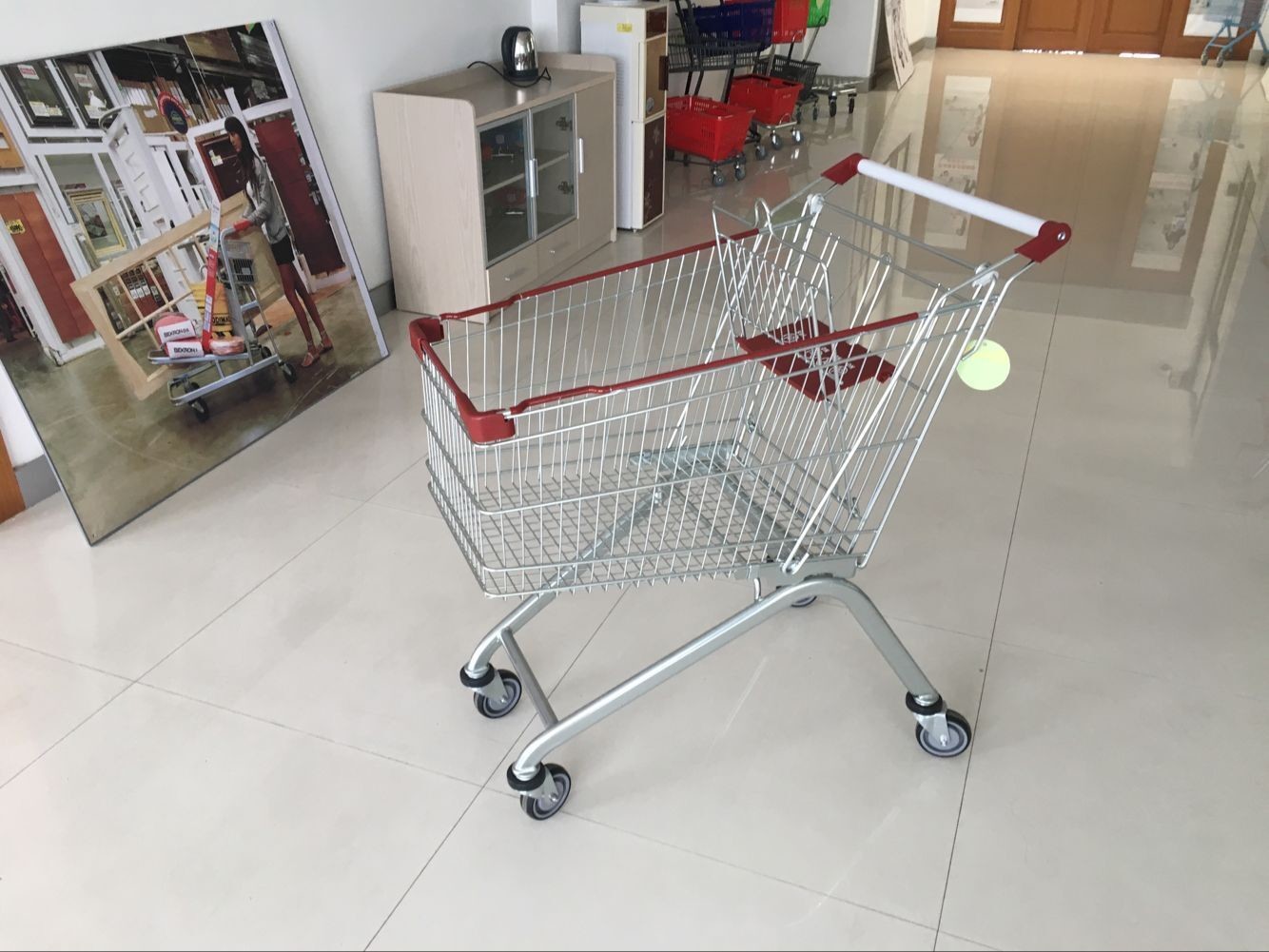 125L PPG powder Steel grocery shopping cart with 4 wheels , supermarket shopping trolley